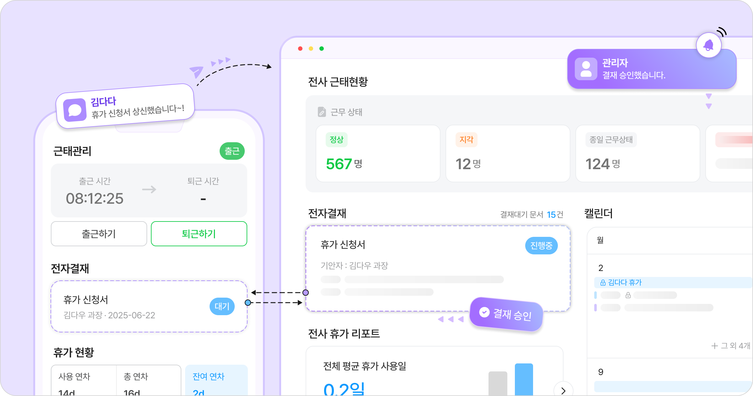 다우오피스HR 대시보드 미리보기 — 누적 근무시간, 출퇴근 시간, 조직 현황이 한 화면에 표시되어 있습니다.