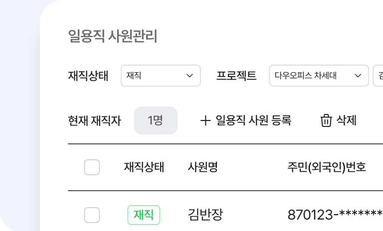 다우오피스HR 일용직 사원관리 화면