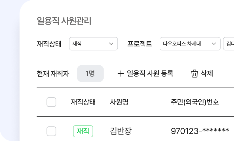 다우오피스HR 일용직 사원 관리 화면