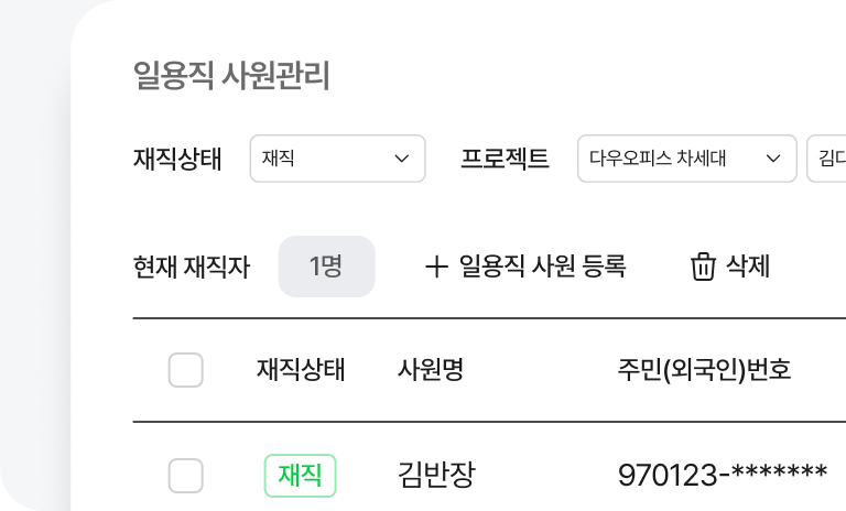 다우오피스HR 일용직 사원 관리 화면