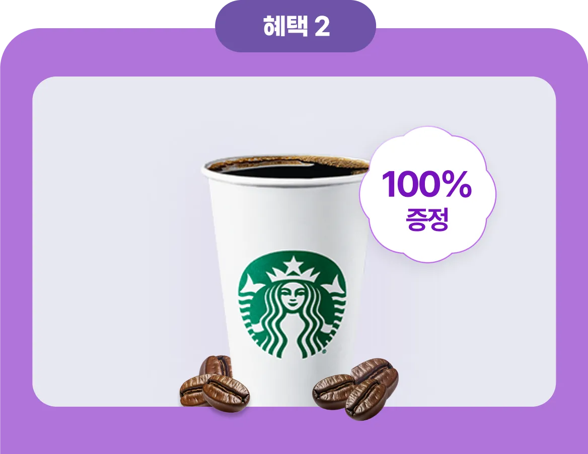 옅은 회색 배경 중앙에 스타벅스 로고가 있는 흰 종이컵(아메리카노)이 놓여 있고, 컵 오른쪽 상단에는 꽃 모양의 흰색 뱃지 안에 보라색 글씨로 '100% 증정'이라고 적혀 있습니다. 컵 하단에 몇 알의 커피 원두 이미지가 배치되어 있어 실제 커피 증정 이벤트를 시각적으로 전달하며, 프로모션 참여 시 받을 수 있는 경품을 나타냅니다.