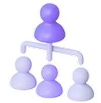 상단의 큰 사람 아이콘이 하단 두 사람을 연결선으로 이어주는 조직도 형태의 보라색 인사 관리 아이콘으로, 체계적인 인사 정보를 표현합니다.